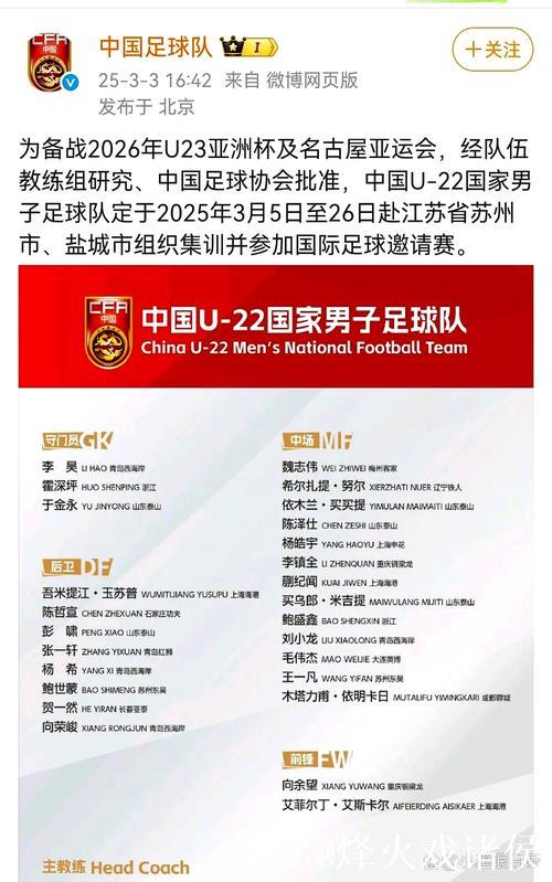 2026年U23亚洲杯开战！各主要国家队大名单一览